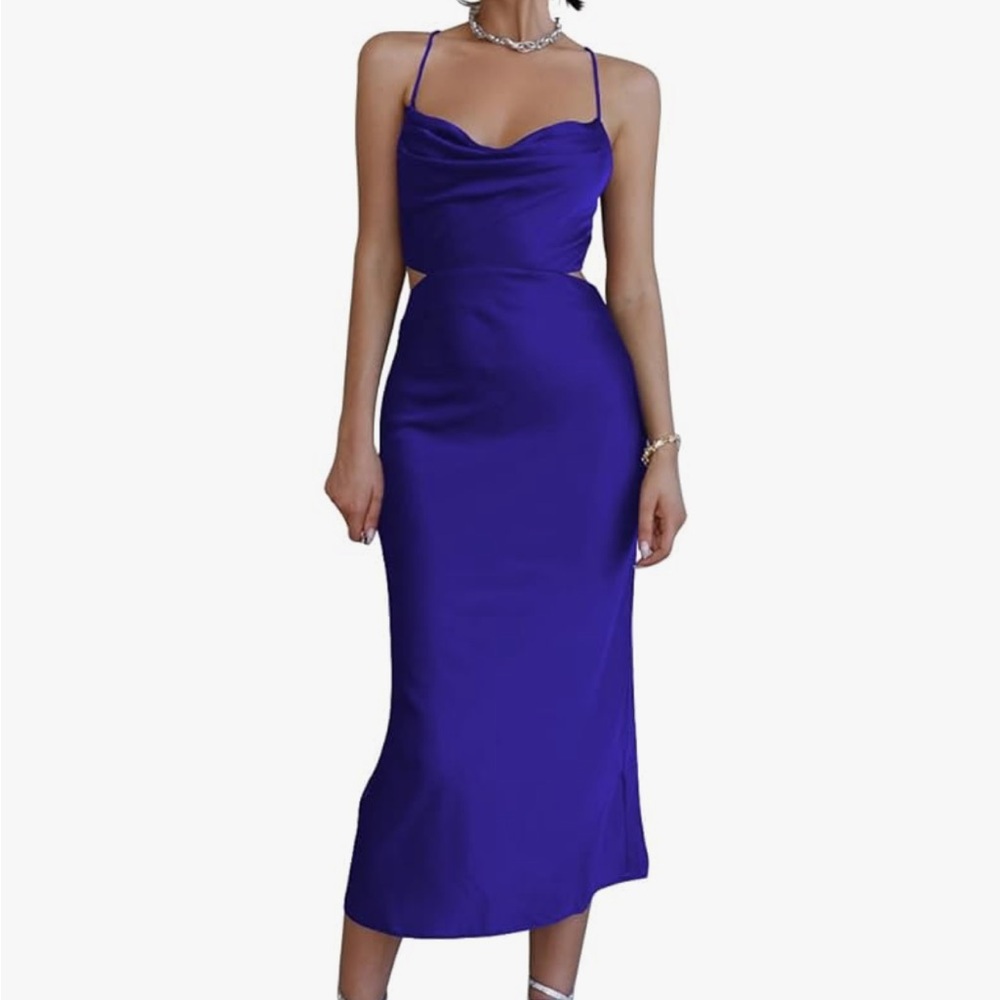 LYANER Women's Satin Cowl Neck Straps Slip Sexy Cut Out Cocktail Midi Dress